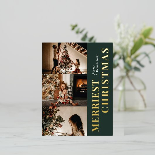 Merriest Christmas Modern Groen Goud Script Foto Folie Feestdagen Briefkaart (Staand Voorkant)