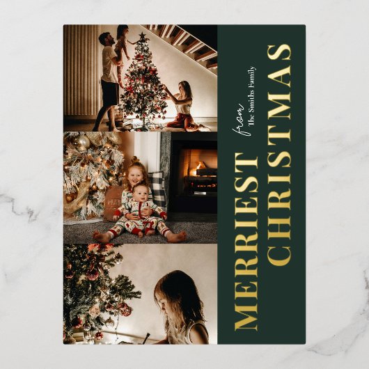 Merriest Christmas Modern Groen Goud Script Foto Folie Feestdagen Briefkaart (Voorkant)
