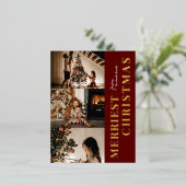 Merriest Christmas Modern Red Gold Script Foto Folie Feestdagen Briefkaart (Staand Voorkant)