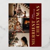 Merriest Christmas Modern Red Gold Script Foto Folie Feestdagen Briefkaart (Voorkant)