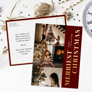 Merriest Christmas Modern Red Gold Script Foto Folie Feestdagen Briefkaart