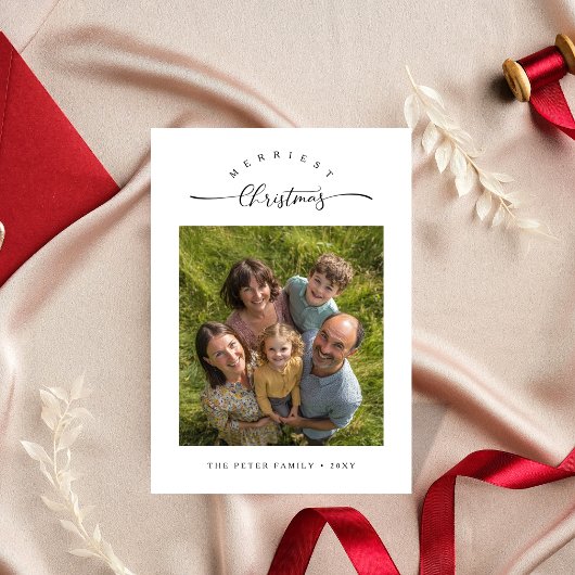 Merriest Christmas Modern Script Familiefoto Feestdagenkaart