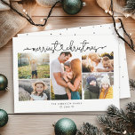 MERRIEST CHRISTMAS Modern Script Photo Collage Feestdagenkaart<br><div class="desc">Eenvoudige moderne 5 fotocollage-vakantiekaart met een schattig whimsical-script MERRIEST CHRISTMAS met een handgeschreven hartverbinding. Ruimte voor uw 5 favoriete familiefoto's en bericht. Aan de achterkant is een schattig handgetrokken minimalistisch puntenpatroon.</div>
