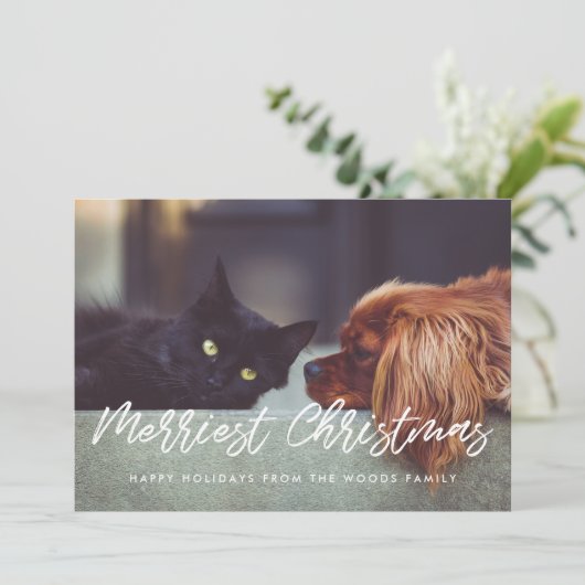 Merriest Christmas Modern Typography Familiefoto Feestdagenkaart (Staand voorkant)