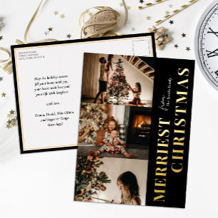 Merriest Christmas Modern Zwart Goud Script Foto Folie Feestdagen Briefkaart