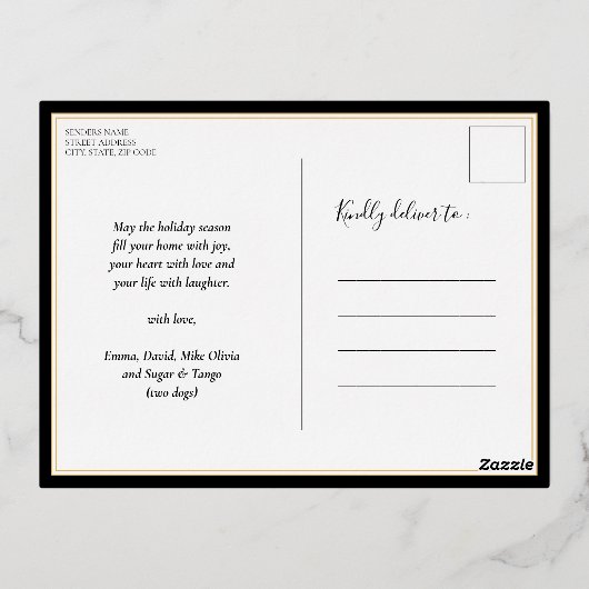 Merriest Christmas Modern Zwart Goud Script Foto Folie Feestdagen Briefkaart (Achterkant)