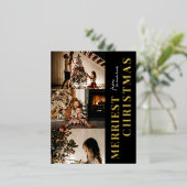 Merriest Christmas Modern Zwart Goud Script Foto Folie Feestdagen Briefkaart (Staand Voorkant)