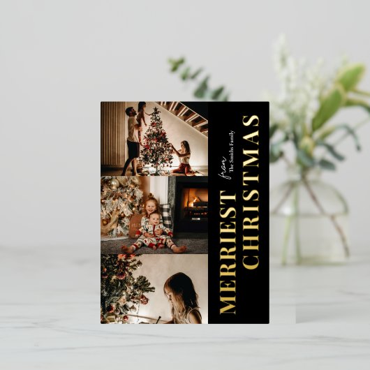 Merriest Christmas Modern Zwart Goud Script Foto Folie Feestdagen Briefkaart (Staand Voorkant)