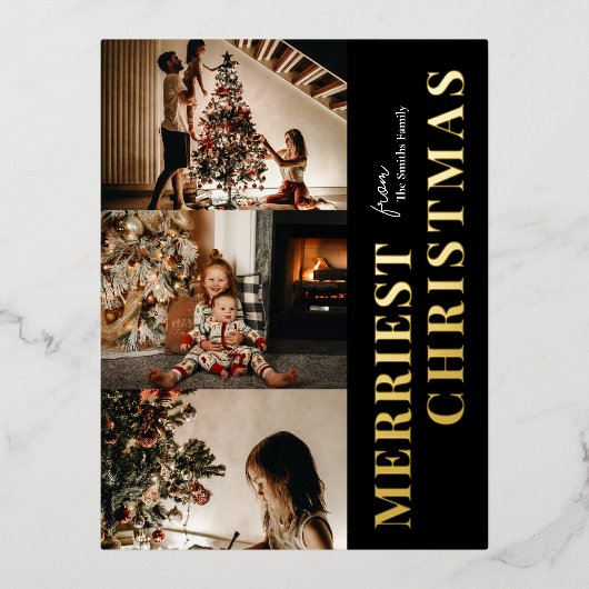 Merriest Christmas Modern Zwart Goud Script Foto Folie Feestdagen Briefkaart (Voorkant)