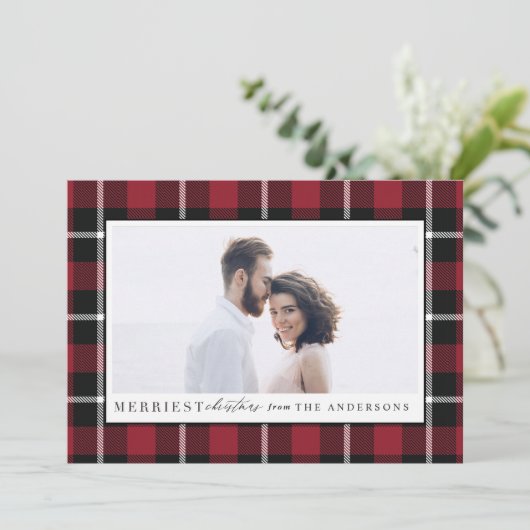Merriest Christmas plaid check foto Feestdagenkaart (Staand voorkant)