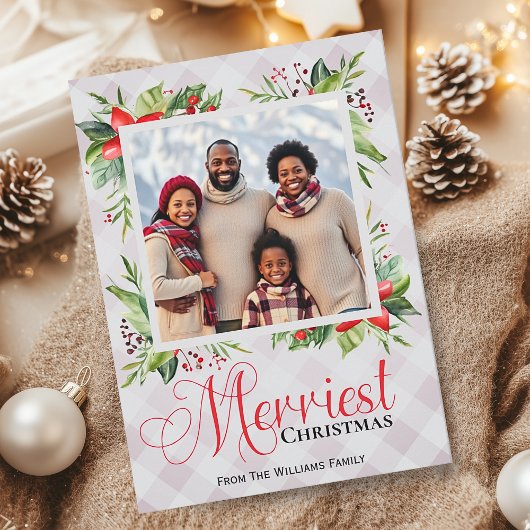 Merriest Christmas Plaid Script Familiefoto Feestdagenkaart