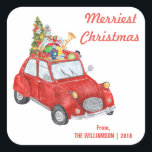 Merriest Christmas Red Car Aangepaste naam Vierkante Sticker<br><div class="desc">Merriest Christmas Red Car Custom Name Square Sticker.</div>