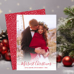 Merriest Christmas Red Script Een foto Kerstmis Feestdagenkaart<br><div class="desc">Elegant Modern Rood Script Een foto Merriest Christmas Script Vakantie Kaart. Deze feestelijke minimalistische eenvoudige grillige 1 foto vakantie wenskaart sjabloon beschikt over "Merriest Christmas" begroetingstekst die is geschreven in een prachtige hand geletterde swirly swash-tail lettertype kalligrafie rood script foto overlay. Op de achterkant besneeuwd of sneeuwvlok patroon op rode...</div>