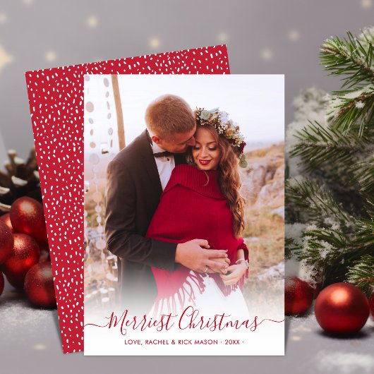Merriest Christmas Red Script Een foto Kerstmis Feestdagenkaart