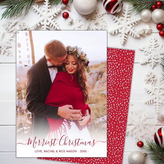 Merriest Christmas Red Script Een foto Kerstmis Feestdagenkaart