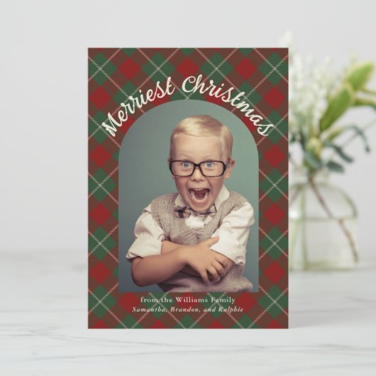 Merriest Christmas Tartan Plaid met uw foto Feestdagenkaart (Staand voorkant)