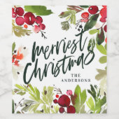 Merriest Christmas waterverf bloemenscript Wijn Etiket (Enkel label)