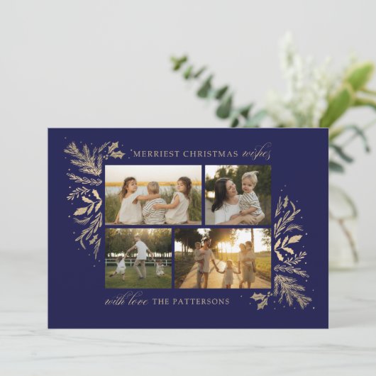 Merriest Christmas Wishes 4 Foto Botanische Bloeme Feestdagenkaart (Staand voorkant)