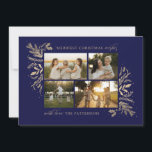 Merriest Christmas Wishes 4 Foto Botanische Bloeme Feestdagenkaart<br><div class="desc">Merriest Christmas Wishes 4 Photo Botanical Floral Holiday Kaart Christmas Kaart toont je favoriete foto op de voorkant met de tekst "Merriest Christmas Wishes" in de moderne gouden kalligrafie script typografie op een blauwe achtergrond en gepersonaliseerd met je familienaam hieronder. Op de keerzijde staat een elegant gouden botanisch patroon. Ideaal...</div>