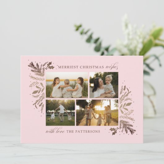 Merriest Christmas Wishes 4 Foto Botanische Bloeme Feestdagenkaart (Staand voorkant)