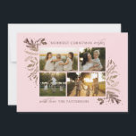 Merriest Christmas Wishes 4 Foto Botanische Bloeme Feestdagenkaart<br><div class="desc">Merriest Christmas Wishes 4 Photo Botanical Floral Holiday Kaart Christmas Kaart toont je favoriete foto op de voorkant met de tekst "Merriest Christmas Wishes" in de moderne gouden kalligrafie script typografie op een roze achtergrond en gepersonaliseerd met je familienaam hieronder. Op de keerzijde staat een elegant gouden botanisch patroon. Ideaal...</div>