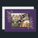 Merriest Christmas Wishes 4 Foto Botanische Bloeme Feestdagenkaart<br><div class="desc">Merriest Christmas Wishes 4 Photo Botanical Floral Holiday Kaart Christmas Kaart toont je favoriete foto op de voorkant met de tekst "Merriest Christmas Wishes" in de moderne gouden kalligrafie script typografie op een paarse achtergrond en gepersonaliseerd met je familienaam hieronder. Op de keerzijde staat een elegant gouden botanisch patroon. Ideaal...</div>