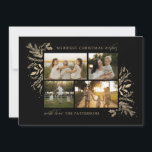 Merriest Christmas Wishes 4 Foto Botanische Bloeme Feestdagenkaart<br><div class="desc">Merriest Christmas Wishes 4 Photo Botanical Floral Holiday Kaart Christmas Kaart toont je favoriete foto op de voorkant met de tekst "Merriest Christmas Wishes" in de moderne gouden kalligrafie script typografie op een zwarte achtergrond en gepersonaliseerd met je familienaam hieronder. Op de keerzijde staat een elegant gouden botanisch patroon. Ideaal...</div>