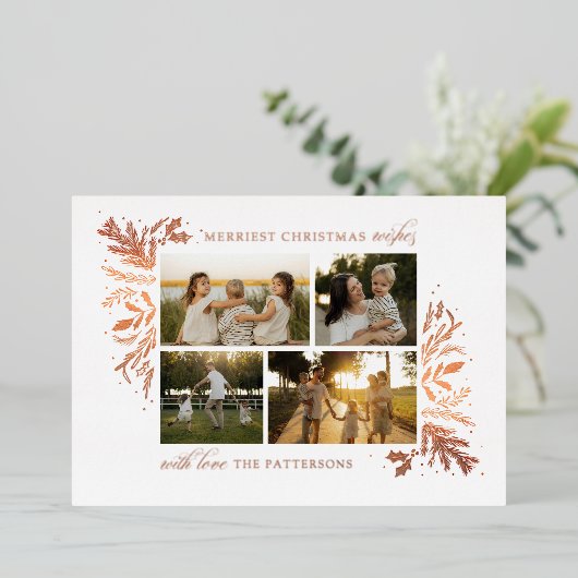 Merriest Christmas Wishes 4 Foto Botanische Bloeme Folie Feestdagenkaart (Staand Voorkant)