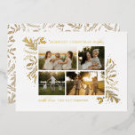 Merriest Christmas Wishes 4 Foto Botanische Bloeme Folie Feestdagenkaart<br><div class="desc">Merriest Christmas Wishes 4 Photo Botanical Floral Folie Holiday Kaart Folie Christmas Kaart toont je favoriete foto op de voorkant met de tekst "Merriest Christmas Wishes" in de moderne gouden kalligrafie script typografie op een witte achtergrond en gepersonaliseerd met je familienaam hieronder. Op de keerzijde staat een elegant gouden botanisch...</div>