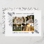 Merriest Christmas Wishes 4 Photo Botanical Floral Folie Feestdagenkaart<br><div class="desc">Merriest Christmas Wishes 4 Photo Botanical Floral Foil Holiday Card Christmas Card features your favorite photo on the front with the text "Merriest Christmas Wishes" in modern silver calligraphy script typography on a white background and personalized with your family name below. On the reverse is an elegant gold botanical pattern....</div>