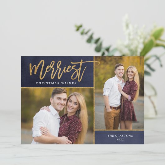 Merriest Faux Gold Foil 2 Foto Kerstmis Feestdagenkaart (Staand voorkant)