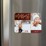 Merriest Faux Gold Foil 2 Foto Vakantie Magneet<br><div class="desc">Aangepaste afgedrukte vakantiefotomagneten met eenvoudige sjablonen voor maatwerk. Dit stijlvolle ontwerp heeft een 2-foto collage lay-out op een bordeaux waterverf achtergrond. De tekst van het moderne kalligrafiescript zegt Merriest in faux gold folie. Personaliseer het met je eigen afbeeldingen en voeg hieronder het jaartal of een andere aangepaste tekst toe. Houd...</div>