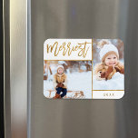 Merriest Faux Gold Foil 2 Foto Vakantie Magneet<br><div class="desc">Aangepaste afgedrukte vakantiefotomagneten met eenvoudige sjablonen voor maatwerk. Dit elegante ontwerp is voorzien van een 2-foto collage lay-out op een witte achtergrond. De tekst van het moderne kalligrafiescript zegt Merriest in faux gold folie. Personaliseer het met je eigen afbeeldingen en voeg hieronder het jaartal of een andere aangepaste tekst toe....</div>
