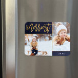Merriest Faux Gold Foil 2 Foto Vakantie Magneet<br><div class="desc">Aangepaste afgedrukte vakantiefotomagneten met eenvoudige sjablonen voor maatwerk. Dit stijlvolle ontwerp heeft een 2-foto collage lay-out op een marineblauwe waterverf achtergrond. De tekst van het moderne kalligrafiescript zegt Merriest in faux gold folie. Personaliseer het met je eigen afbeeldingen en voeg hieronder het jaartal of een andere aangepaste tekst toe. Houd...</div>