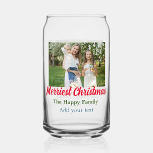 Merriest joyful kerstvakantie voeg familienaam toe blikvorm glas