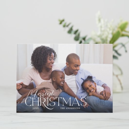 Merriest Kerst Elegant Script Foto Kerstmis Feestdagenkaart (Staand voorkant)
