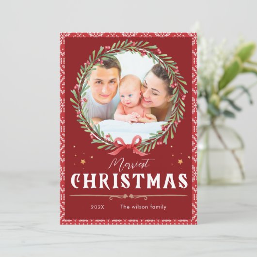 Merriest Kerst Elegant Script Foto Kerstmis Kaart (Staand voorkant)