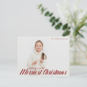 Merriest Kerstchic Red Script Overlay Foto Briefkaart (Staand voorkant)