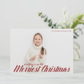Merriest Kerstchic Red Script Overlay Foto Feestdagenkaart (Staand voorkant)