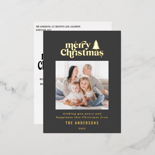 Merriest kerstfoto van typografie folie feestdagen briefkaart (Voorkant / Achterkant)