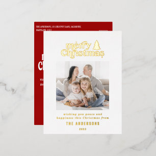 Merriest kerstfoto van typografie folie feestdagen briefkaart