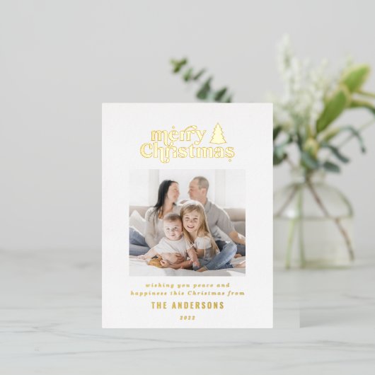 Merriest kerstfoto van typografie folie feestdagen briefkaart (Staand Voorkant)