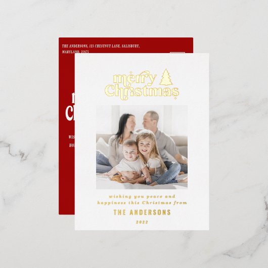 Merriest kerstfoto van typografie folie feestdagen briefkaart (Voorkant / Achterkant)