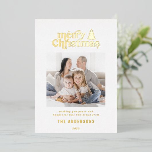 Merriest kerstfoto van typografie folie feestdagenkaart (Staand Voorkant)