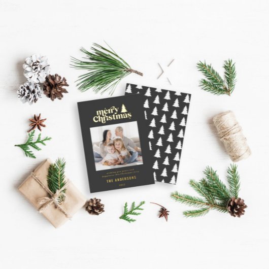 Merriest kerstfoto van typografie folie feestdagenkaart