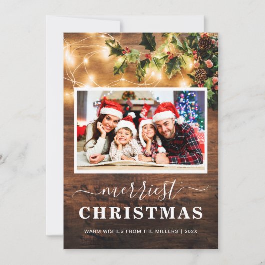 Merriest Kerstmis Rustic String Lights 4 Foto Feestdagenkaart (Voorkant)