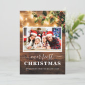 Merriest Kerstmis Rustic String Lights 4 Foto Feestdagenkaart (Staand voorkant)