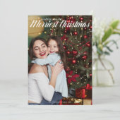 Merriest Kerstmis White script Foto Rood terug Feestdagenkaart (Staand voorkant)