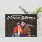 Merriest Kerstmis White Script Overlay Photo Feestdagenkaart (Staand voorkant)