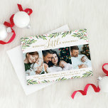Merriest Little Christmas Holiday Green Foto Feestdagenkaart<br><div class="desc">Elegante "Merriest Little Christmas" geboortekaartje vakantie kaart bevat een collage van drie foto ruimtes en aangepaste antiek gouden tekst die kan worden gepersonaliseerd om de komst van uw nieuwe baby jongen of meisje aan te kondigen. Inclusief een witte achtergrond met groene waterverf beschilderde groene takjes en rode bessen. Dit ontwerp...</div>